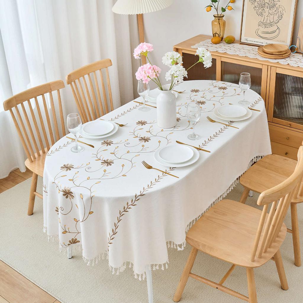 Oval Cotton And Linen Embroidered Fabric, High-Grade Tablecloth, Waterproof And Oil-Proof, Advanced Sense, Anti-Scalding And Wear-Resistant Coffee
