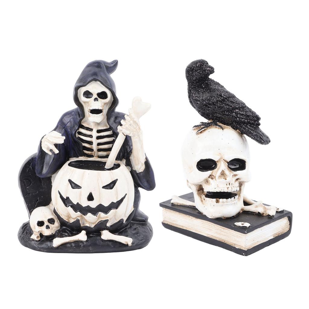 Skeleton Figurine Scary Rich Details Vibrant Colors Strong Resin Stable Skull Figurine for Halloween