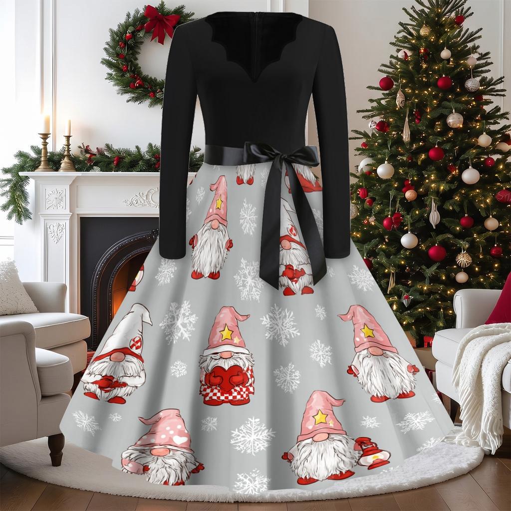 Women's Casual Vintage V-Neck Long Sleeve Dress with Christmas Print