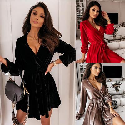 Women Solid Color Plus Size Long Sleeve Sexy Short Dress Velvet Dress Casual Party Dress Mini Dress