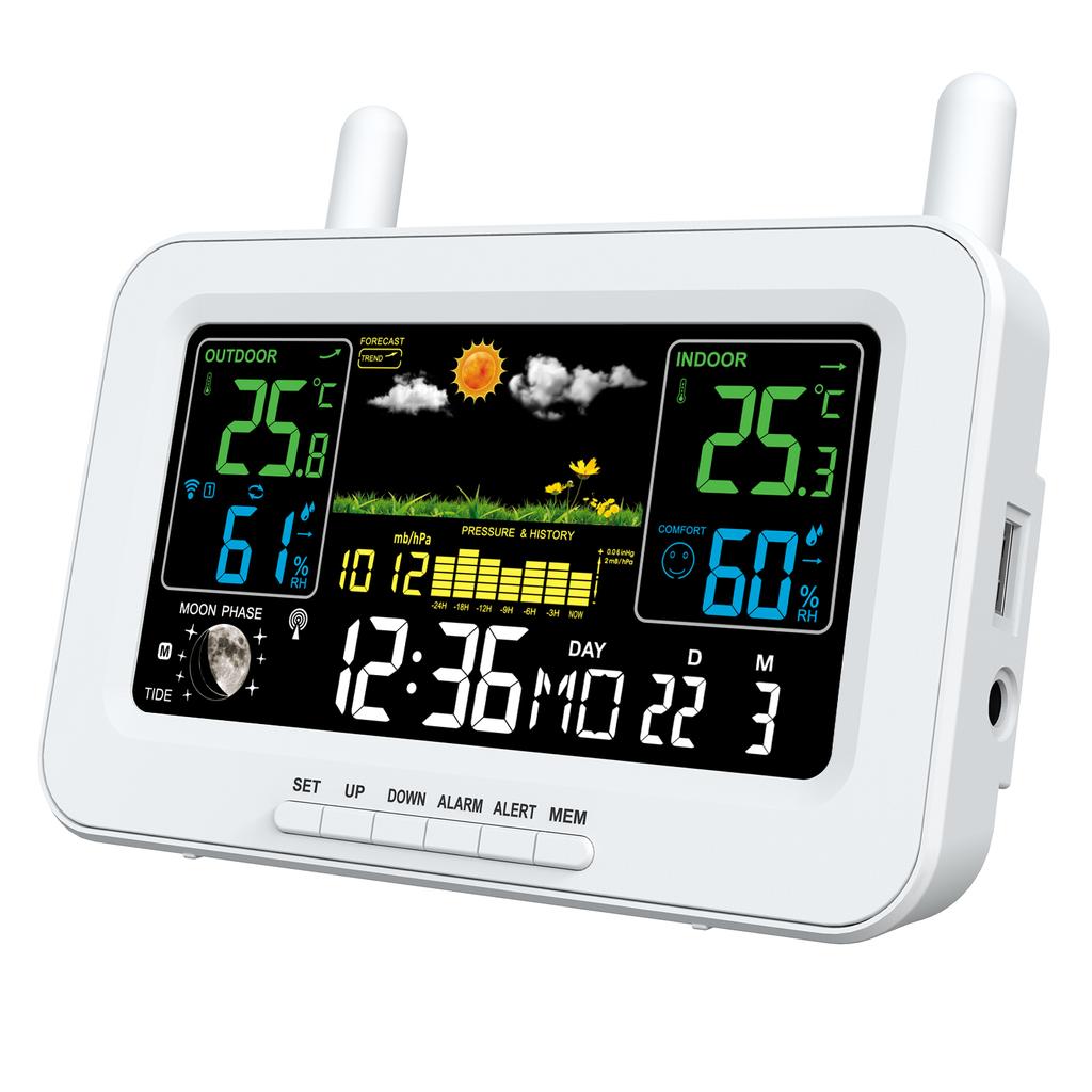 Color Screen Smart Weather Station, USB Output Indoor and Outdoor Thermometers and Hygrometers, KTY