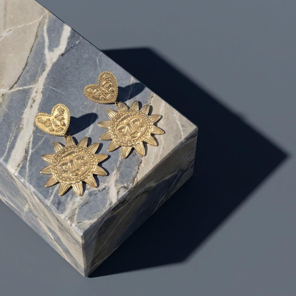 INSSGG Haute Couture Vintage Sun God Pendant Earrings – Tribal Textured Heart Exaggerated Luxury Style