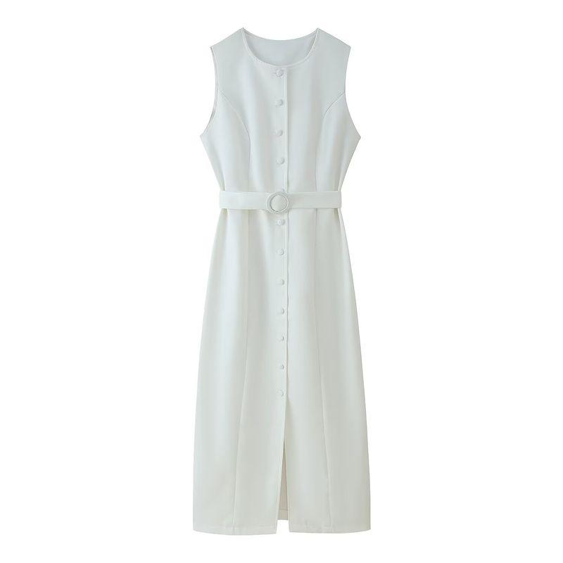 Kaslead New Women Clothes Western Style Fashion Simple Round Neck Single-Breasted Belt Decoration Dress