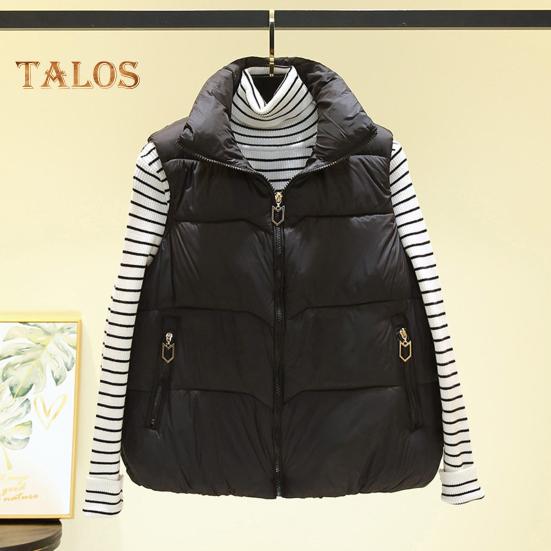 Women Winter Zip-up Vest Coat Thickened Padded Stand Collar Neck Protection Sleeveless Outerwear with Zipper Pockets Solid Color Keep Warm Waistcoat
