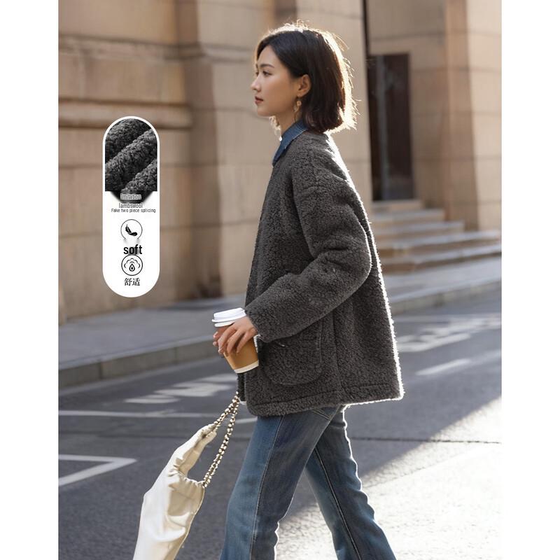 Demana Faux Two-Piece Denim Collar Faux Lamb Fleece Coat S