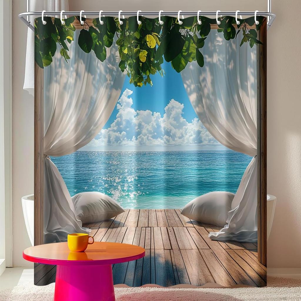Waterfall Window View Shower Curtain Mountain Lake Scene Fabric for Rustic Country Bathroom Decor Nature Landscape Style