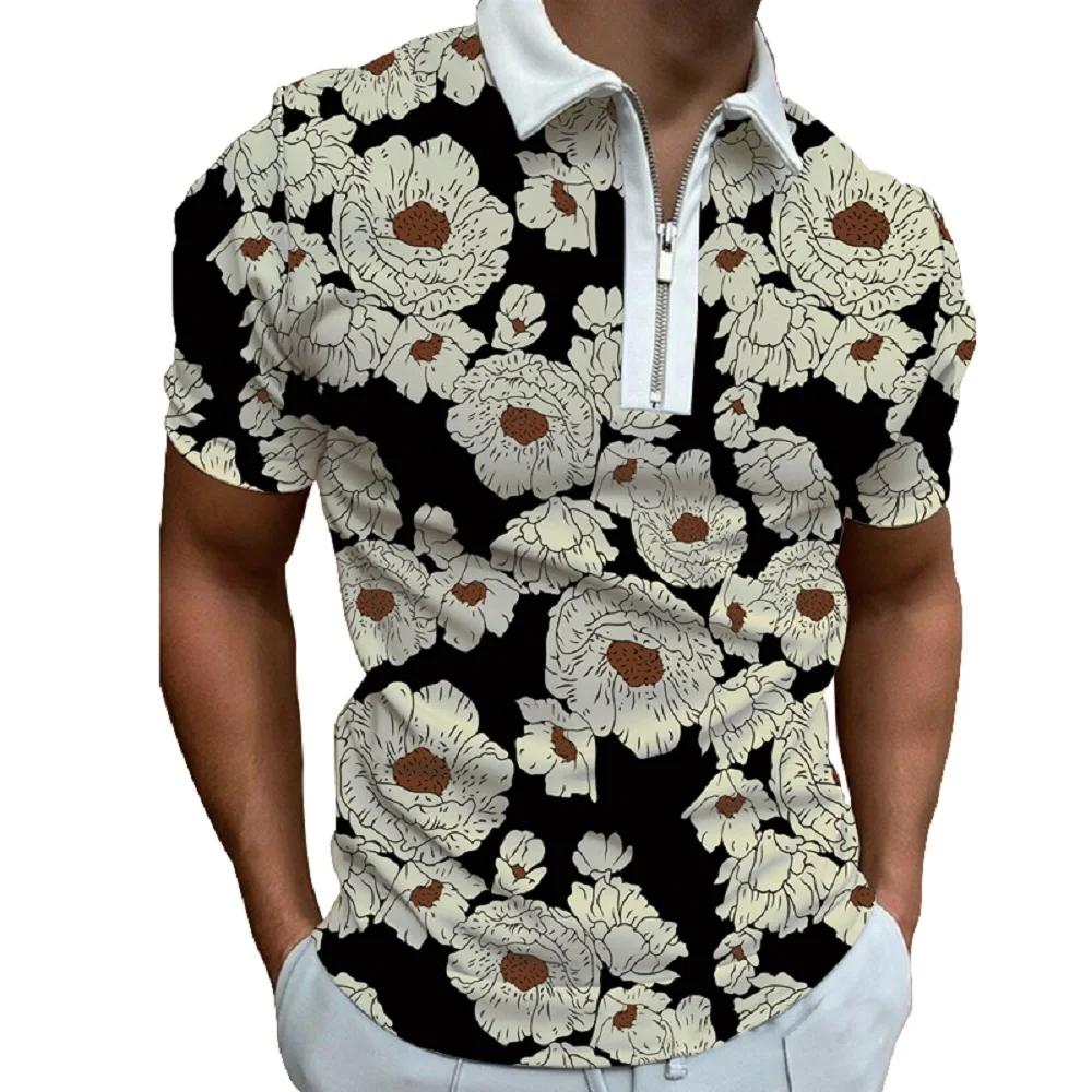 Personalized Street Flower Print Short-sleeved Lapel Zipper Polo Shirt for Men, Fashionable and Breathable Summer Men's Clothing