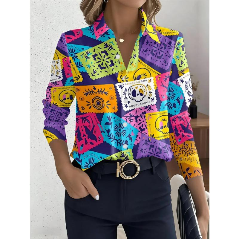 Women’s Long Sleeve Shirt Mexican Day of the Dead Paper Cut Style Skull Floral Print