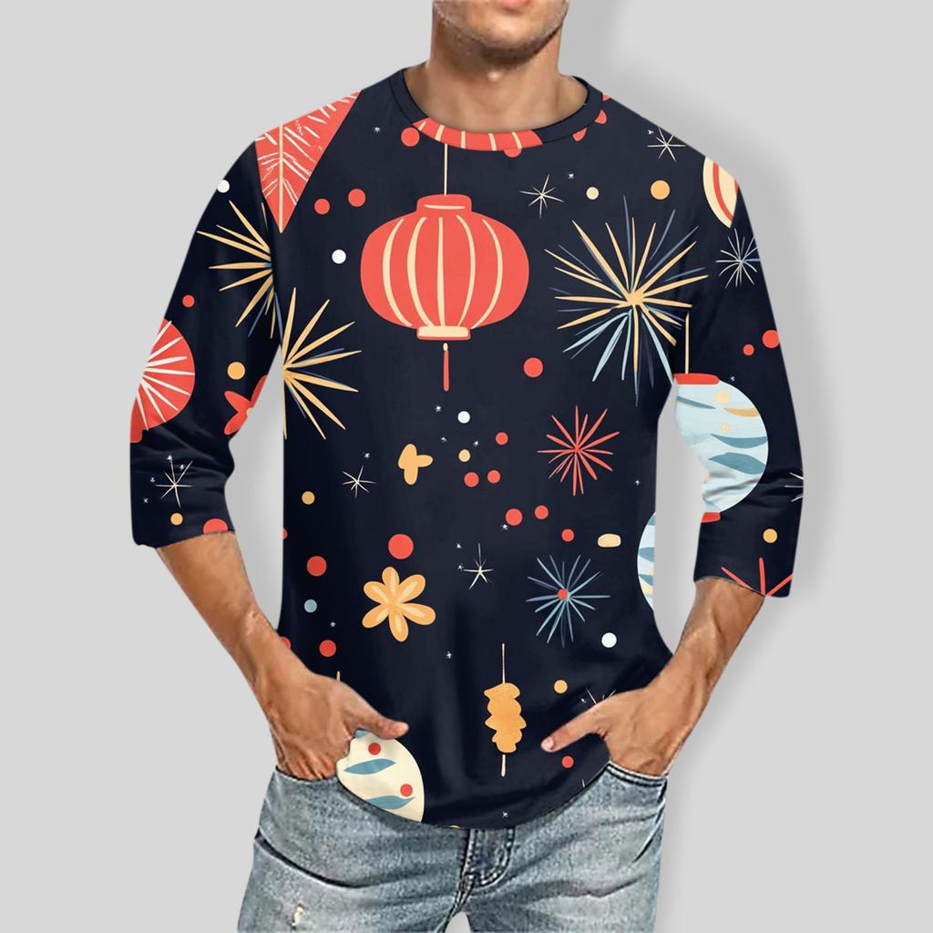 Herren-T-Shirt mit Weihnachtsdruck, Rundhalsausschnitt und Dreiviertelärmeln