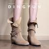 Soft leather version~ New fashionable niche design sense inner height increase western boots women's belt buckle two wear matte leather short boots