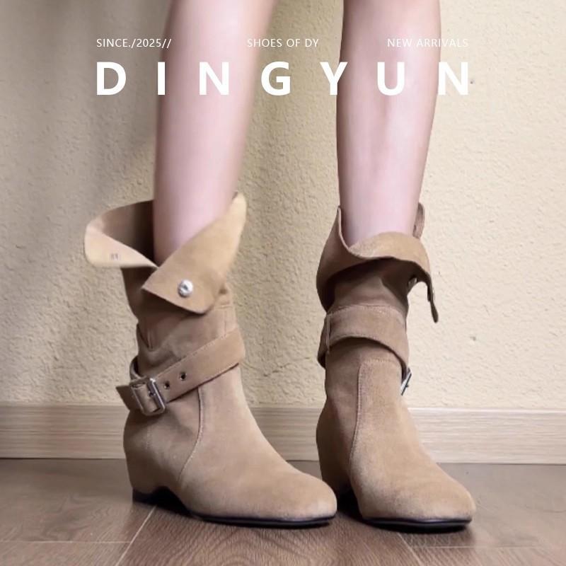 Soft leather version~ New fashionable niche design sense inner height increase western boots women's belt buckle two wear matte leather short boots
