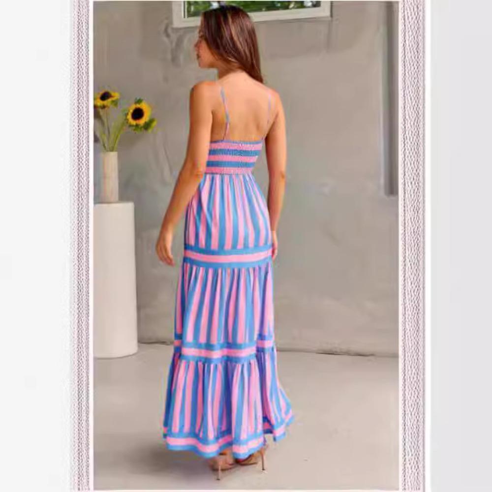 Women's Strapless Sleeveless Midi Dress Loose Mid Waist Vertical Stripe Printed Polyester Micro Elastic Tiered Ruffle Summer Vacation Maxi Dress