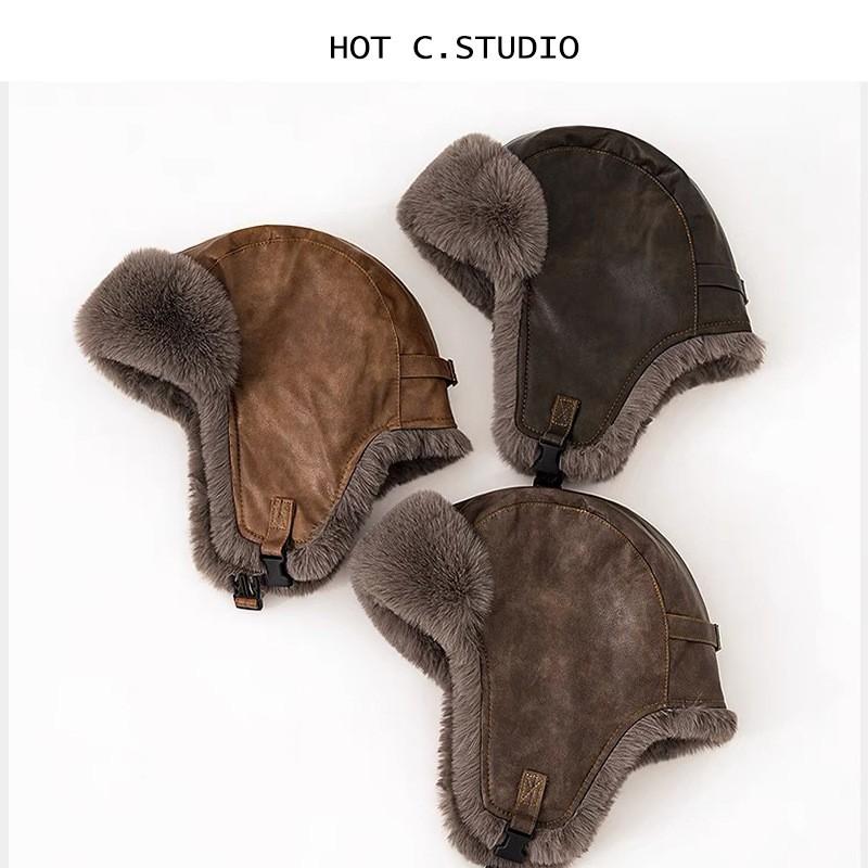 Winter Warm Faux Leather Aviator Hat With Fleece Lining Men Women Outdoor Skiing Cold Weather Ear Protection Cap