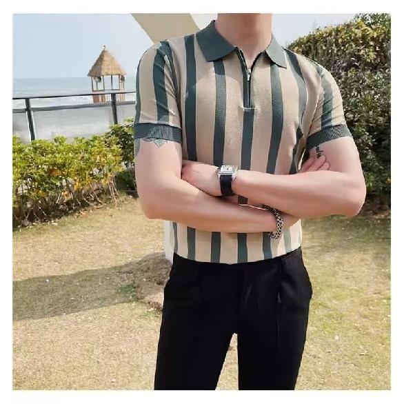 Summer Men's Knitted Short Sleeve Half-Zip Polo Shirt Korean Style Slim Fit Casual Turn-Down Collar Half Sleeve T-Shirt Base Shirt