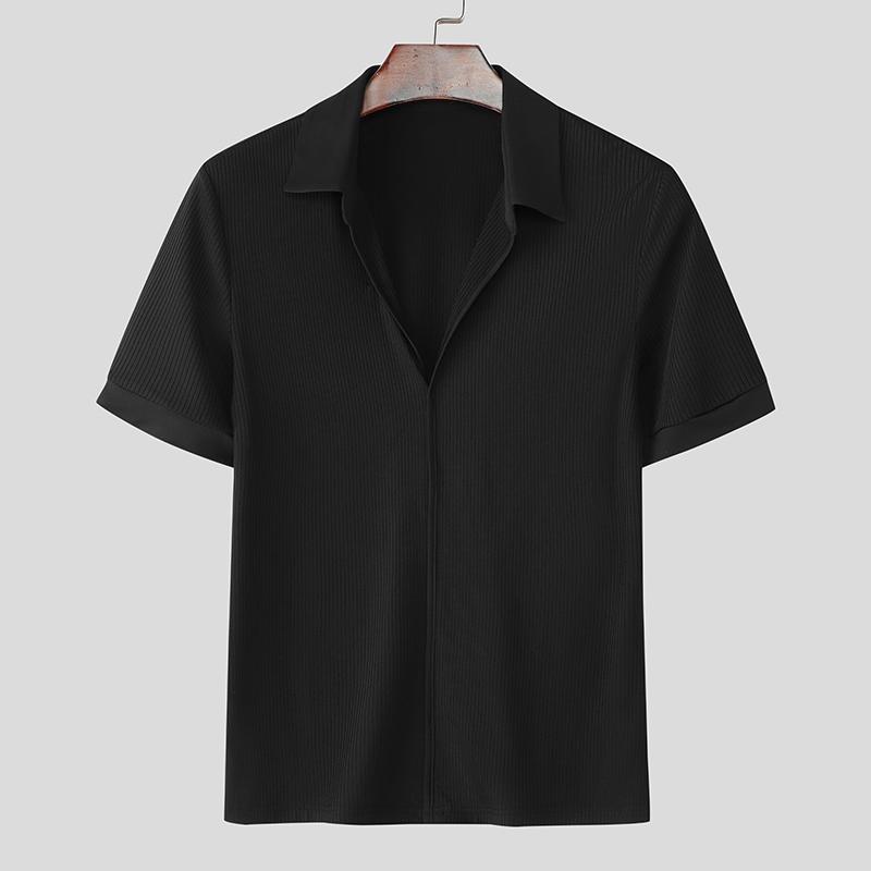 

INCERUN Men Lapel Neck Short Sleeve Casual Fitted Rib T-shirts Tops S