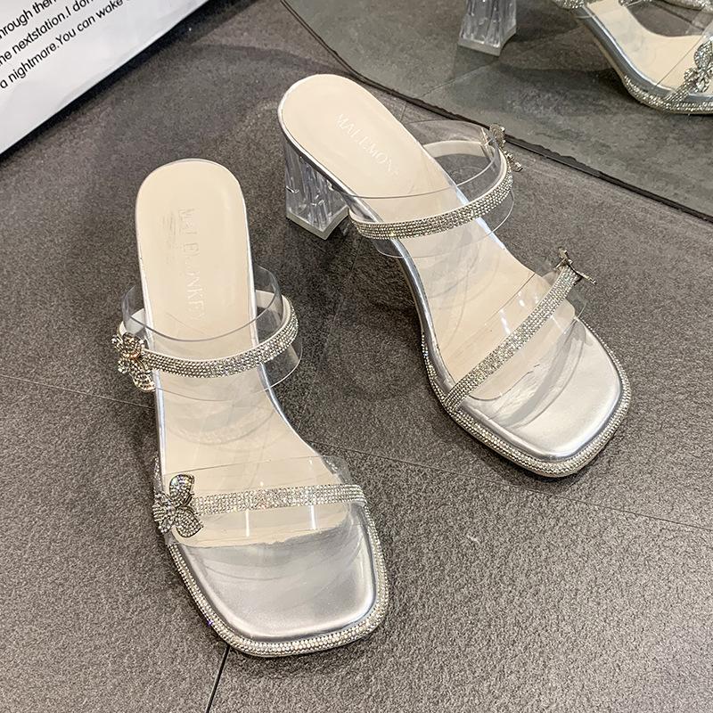 Fairy Wind Crystal Thick Heel Slippers Female Outer Wear 2025 Summer New Beautiful Transparent Rhinestone Temperament One-word Drag