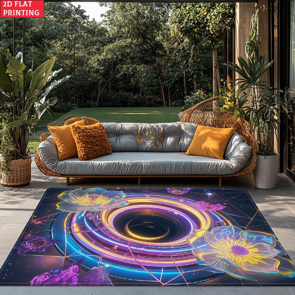 Neon Black Hole Lotus Rug, Galaxy Space Non-slip Carpet for Living Room Game Room Bedroom, Aesthetic Floral Floor Mat Home Decor