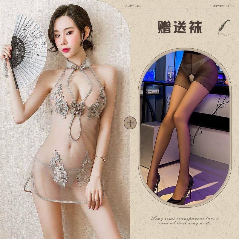 New European and American erotic underwear, sexy lace slit uniform mesh classical embroidered cheongsam set