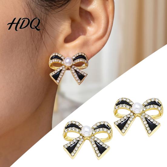 Dainty Bow Jewelry 1 Pair Sparkly Rhinestone Knot Stud Earrings for Women Faux Pearl Stylish Trendy Ear Ornaments Ribbon Earrings Statement