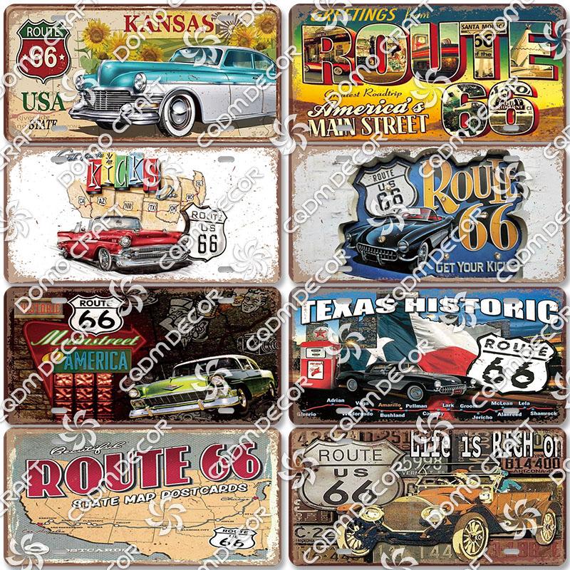 Retro Route 66 License Metal Tin Signs Vintage Road Trip Car Metal Plate Garage Club Gas Station Car Wall Decor