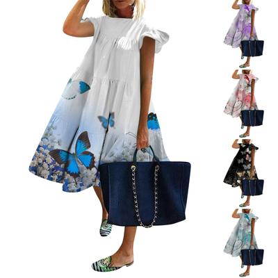 Women's Dress Flying Sleeves Butterfly Print Casual Loose Round Neck Long Dress