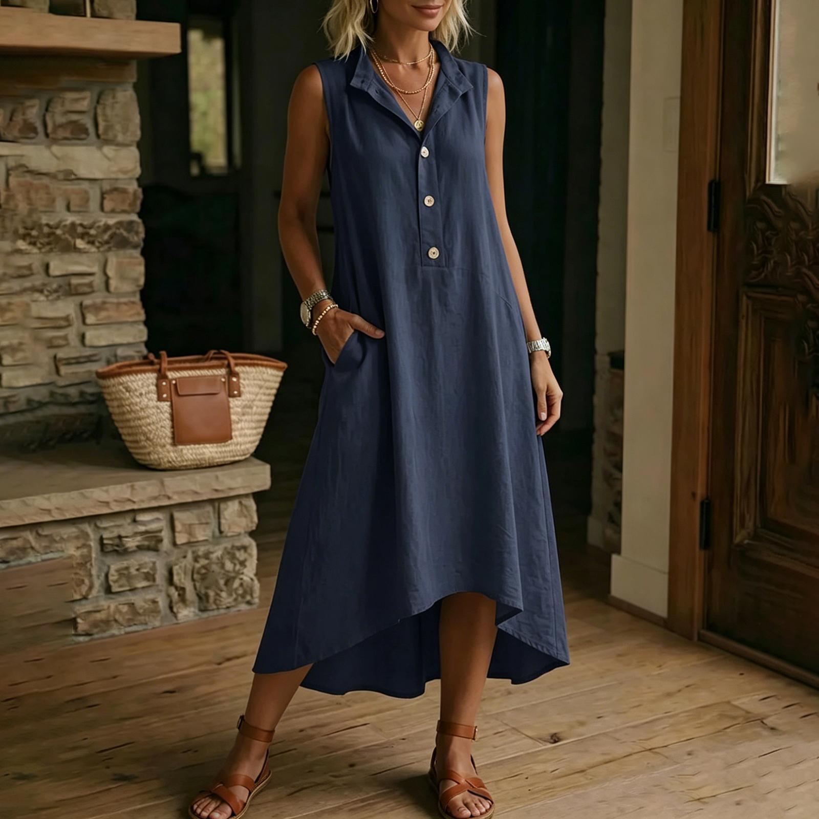 

Women Sleeveless Casual Linen Cotton Blend Dress Loose Fit Button Down High Low Hem Midi Dress with Pockets for Summer Beachwear M