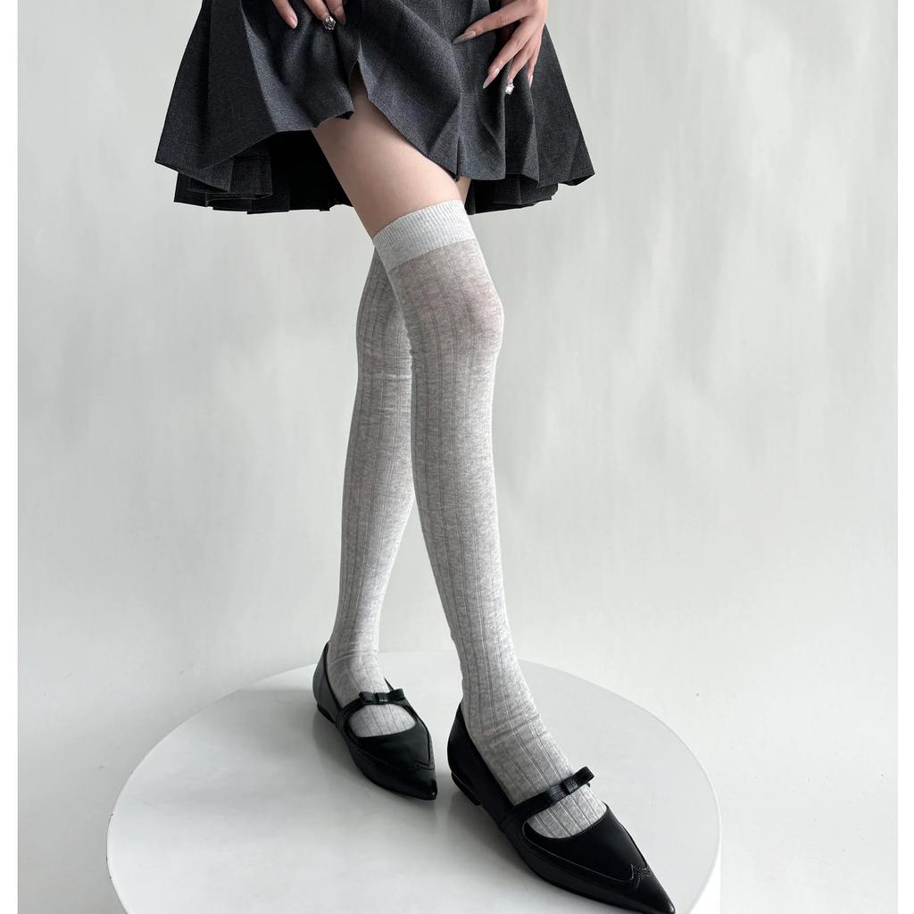 Damenstrümpfe, Baumwolle, dünn, atmungsaktiv, Kniestrümpfe, Oberschenkelstrümpfe, Schulmädchen, einfarbig, lange Socken, Oberschenkelstrümpfe