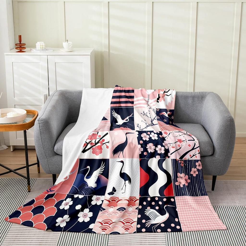 Japanese Style Blanket White Black Crane Throw Blanket Cherry Blossoms Fleece Twin Geometric Plaid Fuzzy Blanket All