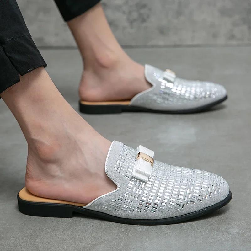Men Half Slipper Shoes for Men Rhinestone Luxury Loafers Man Male Fashion Casual Shoes Mules