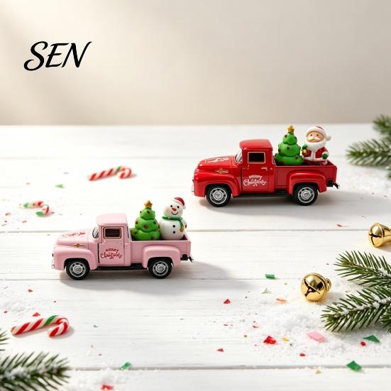 Holiday Car Ornament Christmas Pickup Truck Figurine, Vintage Statue with Santa Claus, Alloy Vehicle Tree, Snowman, Miniature for Party Figurine