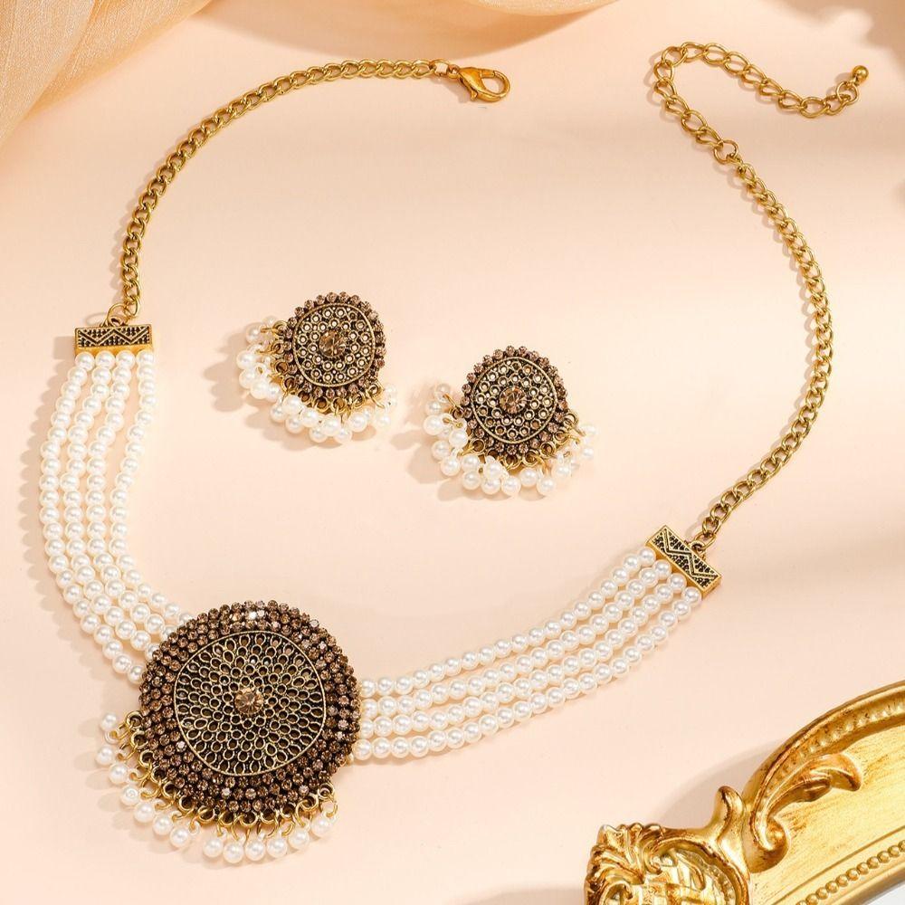 Imitation Pearl Rhinestone Necklace Earrings Luxury Choker Necklace Set Retro Jewelry Set Party