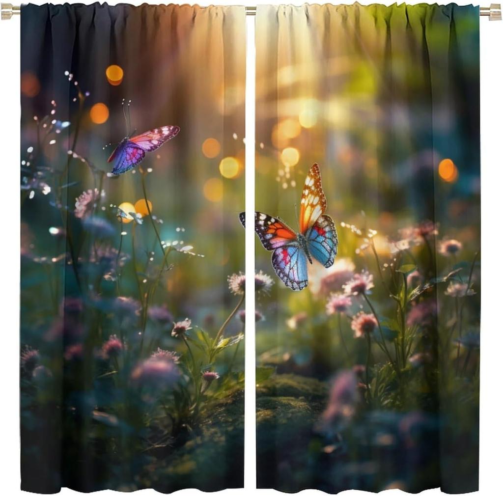 Dreamlike Forest Butterfly Blackout Curtain, Beautiful Morning Forest Flowers Aesthetic Scenery Decorative Curtain, Colorful