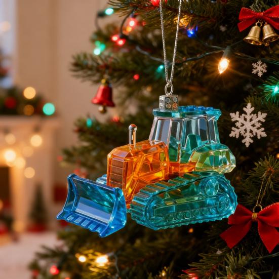 Faux Crystal Construction Truck Ornament Christmas Tree Colorful 2D Flat Acrylic Construction Vehicle Hanging Decoration Pendant