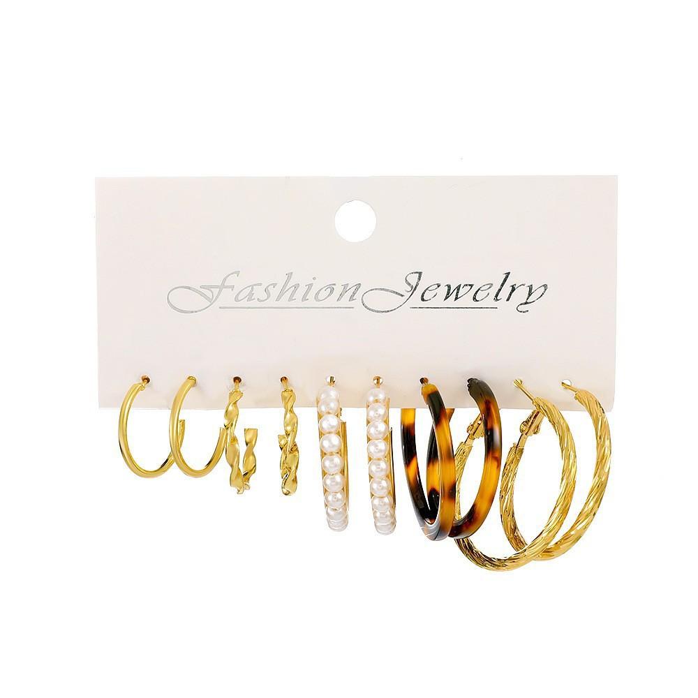 Hot-selling retro metal earrings set for simple gold steel C-shaped wrapped pearl twist ear jewelry
