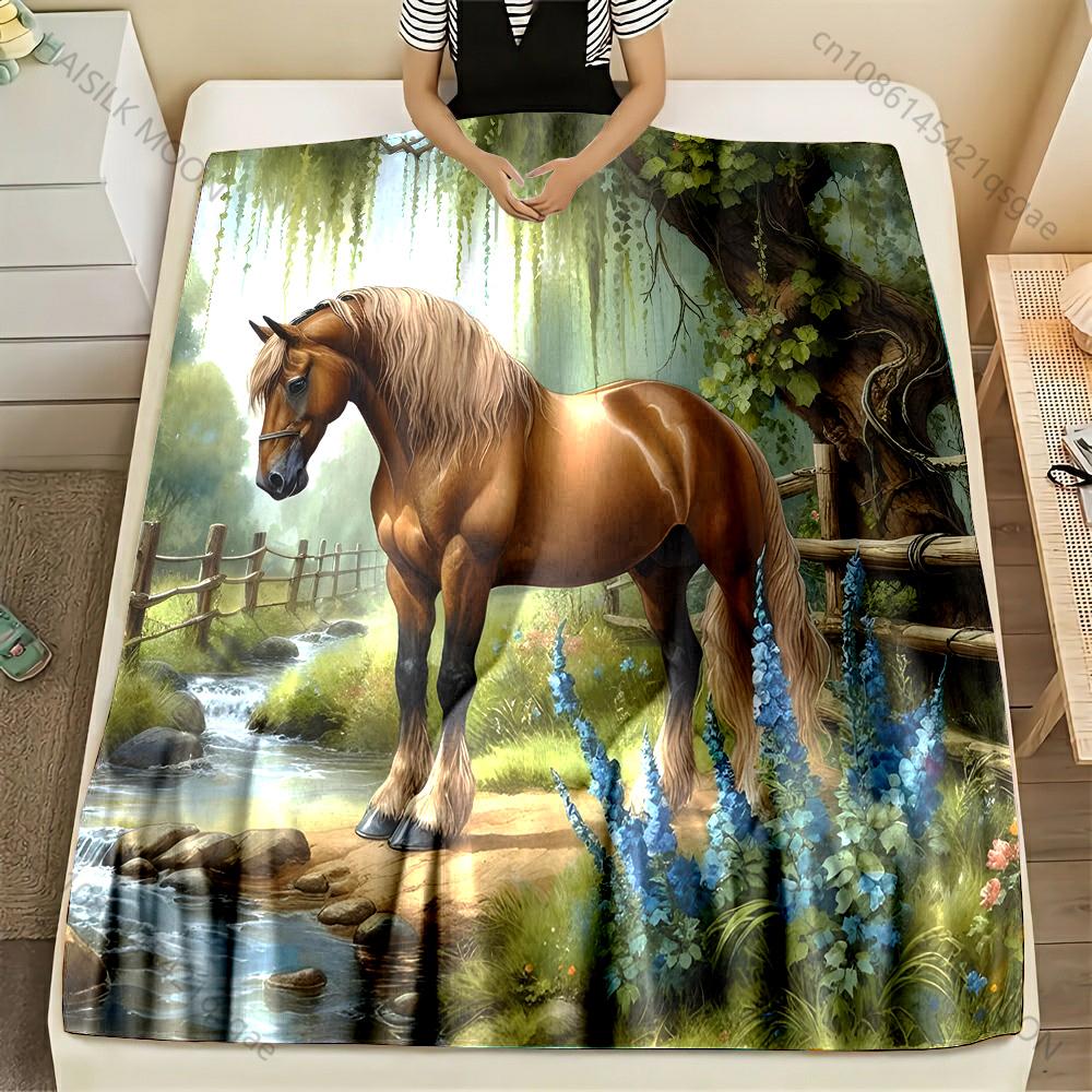 Multi-Sizes Horses By The Stream Print Blanket Warm Soft for Sofa Bed Home Travel Camping Blanket All Seasons Luxury Gifts