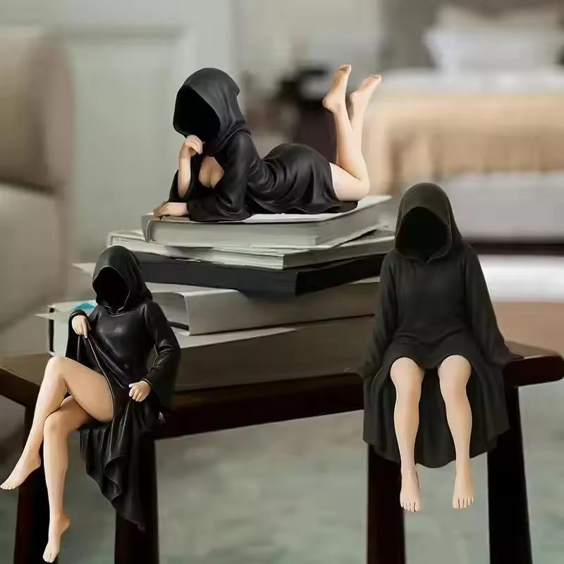 3 ks Stolní dekorace Pryskyřice Černé oblečení Žena Akční figurka Model Kancelářská knihovna Tajemná socha Halloweenská dekorace