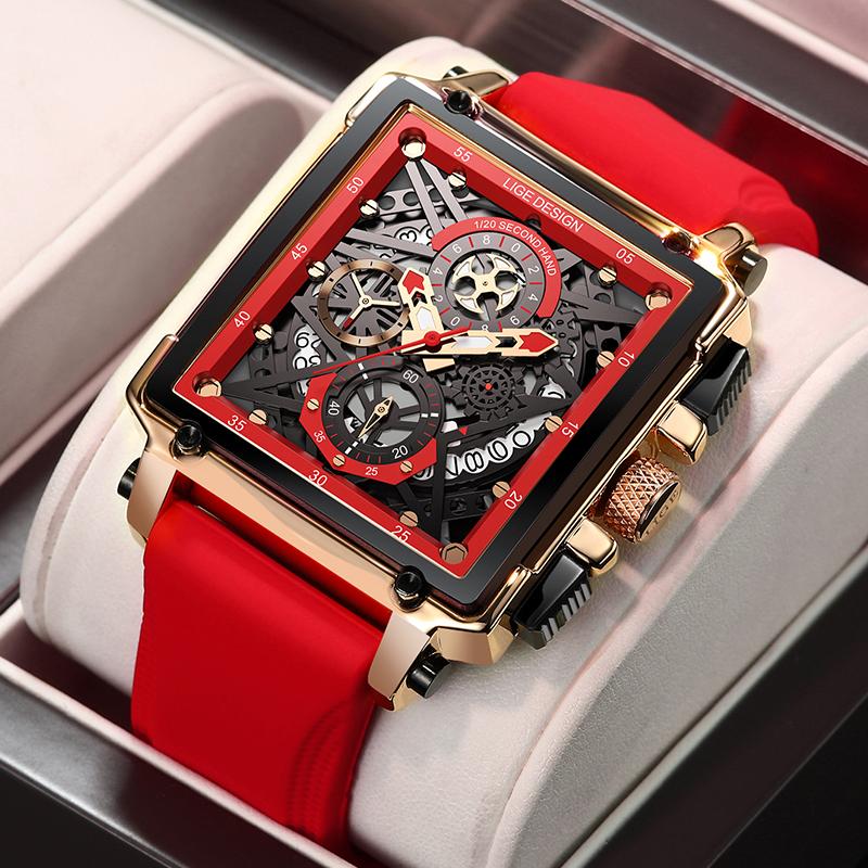 New Creative Hollow Chronograph Square Watch Man Fashion Business Silicone Waterproof Quartz Men's Watches Montre Homme+BOX
