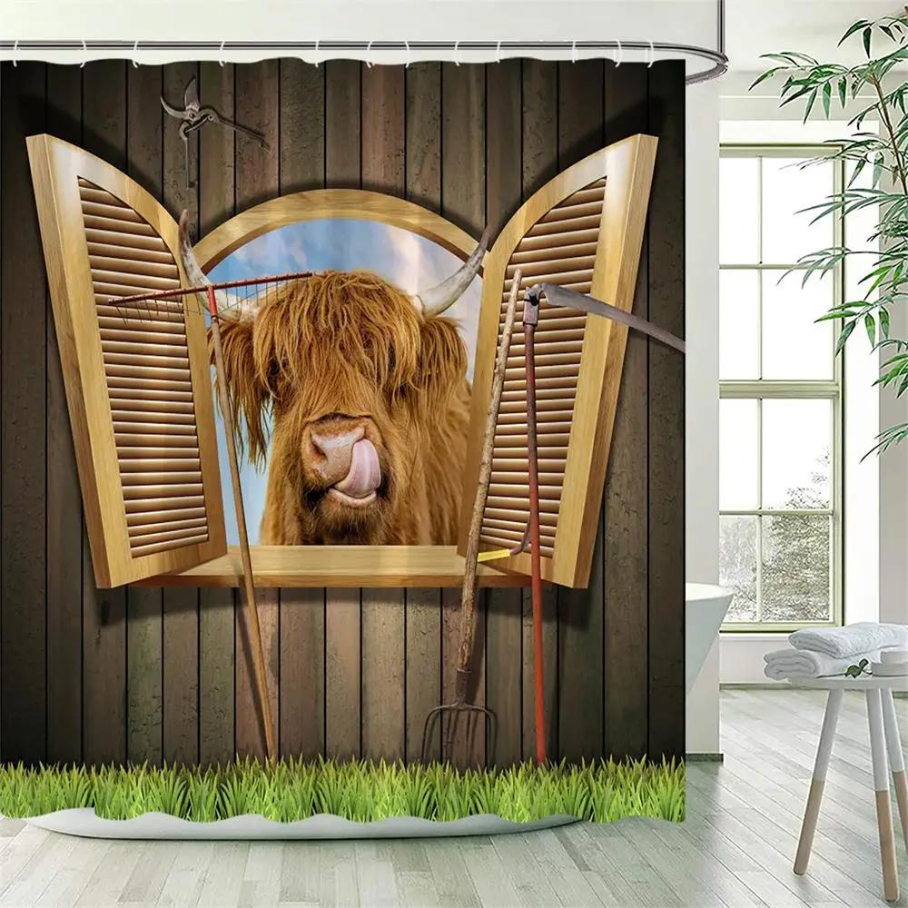 Funny Highland Cow Shower Curtains Farm Cattle Colourful Graffiti Art Bathing Animal Bath Curtain Fabric Bathroom Decor Hooks