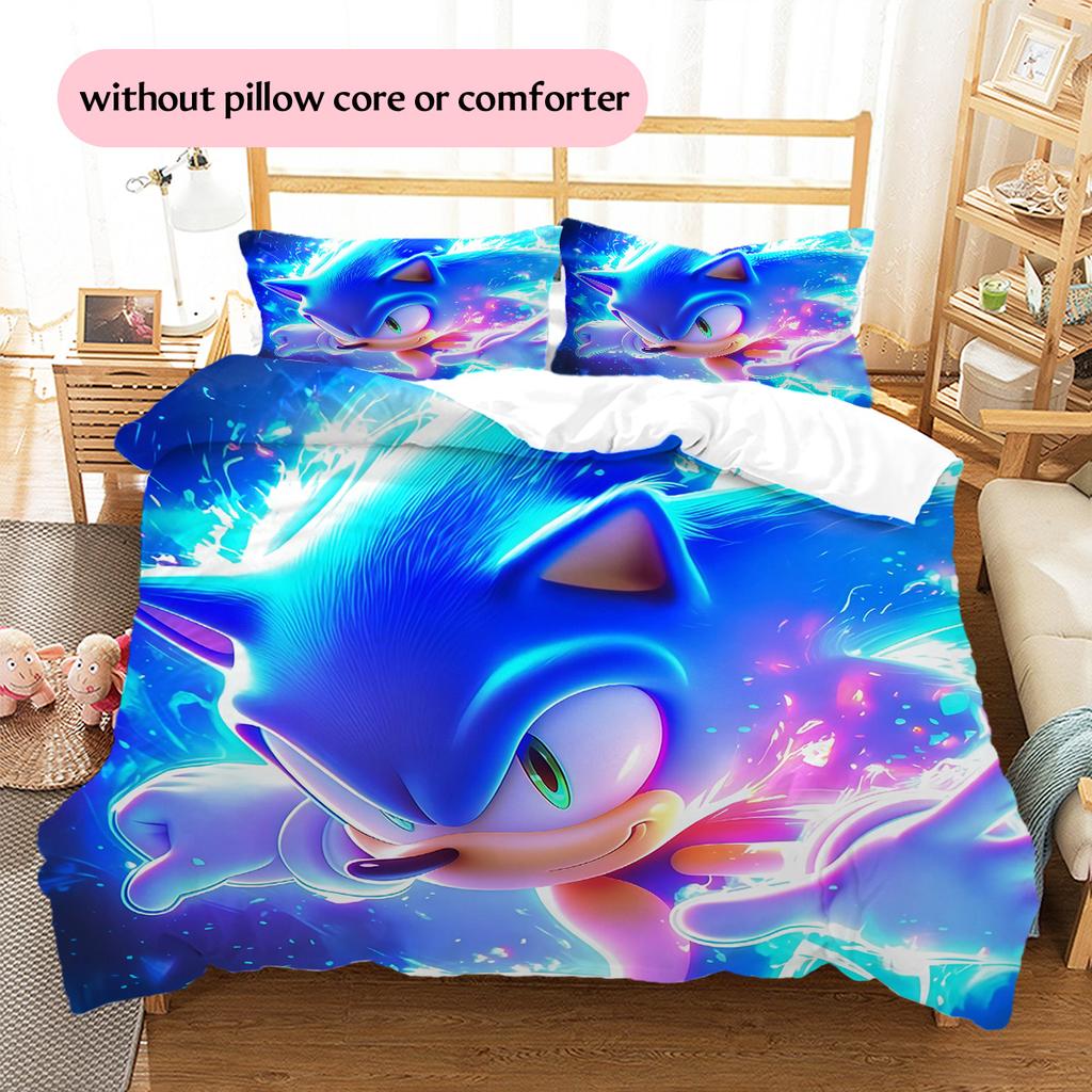 Sonic the Hedgehog Pattern Bedding Quilt Set Home Decoration Gift (1 * Duvet Cover + 2 * Pillowcase Without Core)
