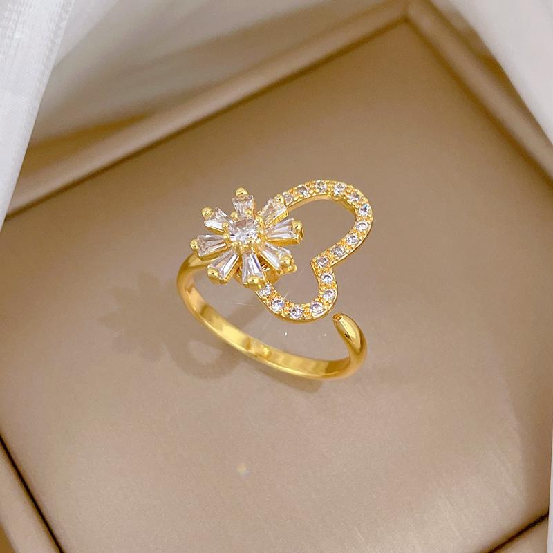 Real Gold Rotating Flower Zircon Personalized Opening Adjustable Light Luxury Jewelry Japanese Ring Couple Ring