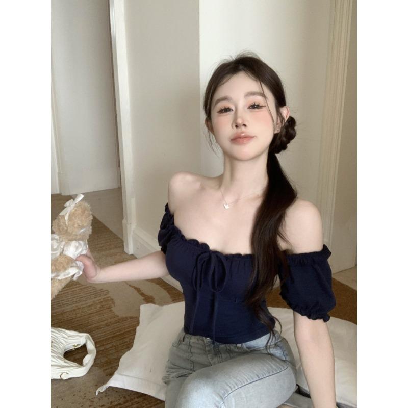 

Lace-edge One-shoulder Short-sleeved Women s Summer French Chic Slim-fitting Short Puff-sleeved Off-the-shoulder Top S синий