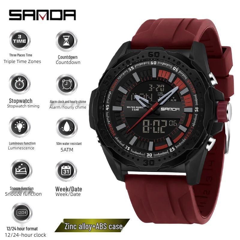 SANDA Multifunctional Outdoor Waterproof Watch with Three-Time Zone and Calendar Features for Students