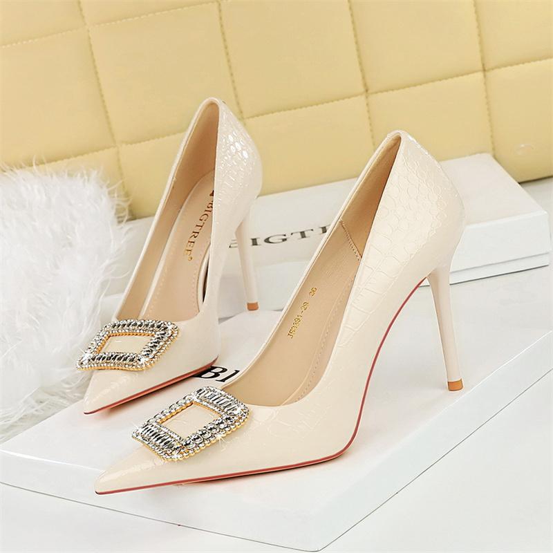 Fashion Comfort Party Pumps Super High Heels Serpentine Patent Leather Shallow Mouth Pointed Toe Crystal Buckle Single Shoes