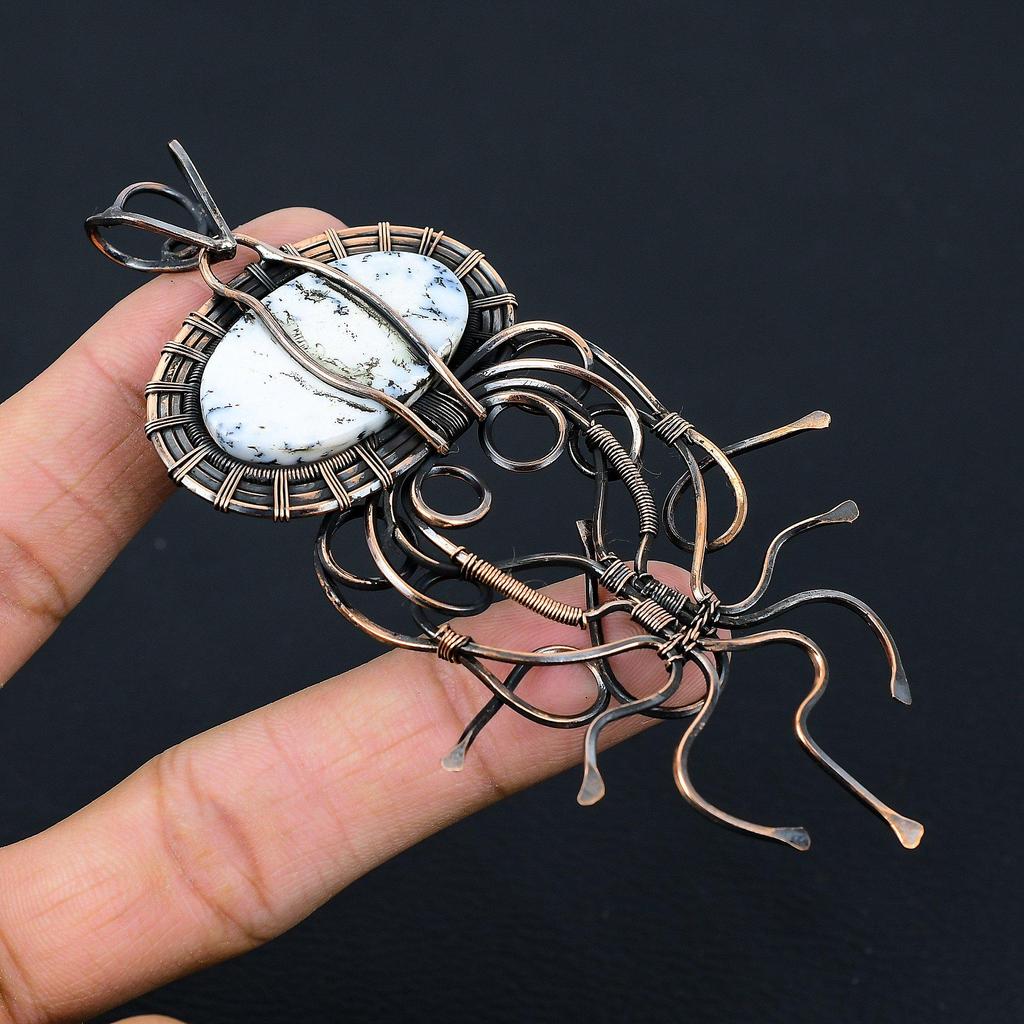 Dendriten-Opal-Edelstein, Kupferdraht, handgefertigt, Designer-Anhänger, Schmuck, Geschenk