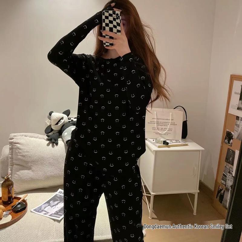 Women's Korean Smiley Face Cartoon Pajamas Set – Long-Sleeved Pullover & Trousers for Autumn/Winter