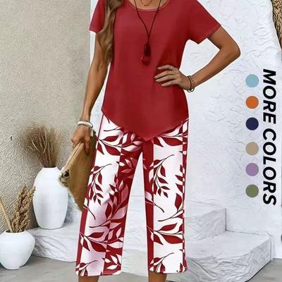 Women Casual Two-Piece Set Solid Short Sleeve Round Neck Top + Leaf Print Cropped Pants Summer Loose Outfit For Ladies 