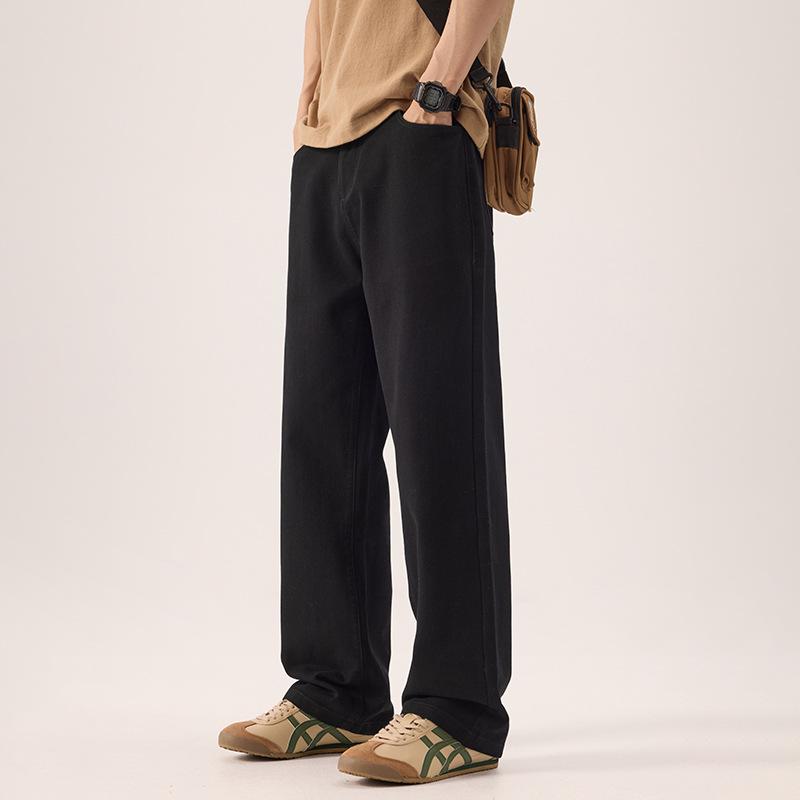 Men's All-Cotton Elastic Waist Wide-Leg Casual Pants - Solid Color, Floor-Length, Autumn Style