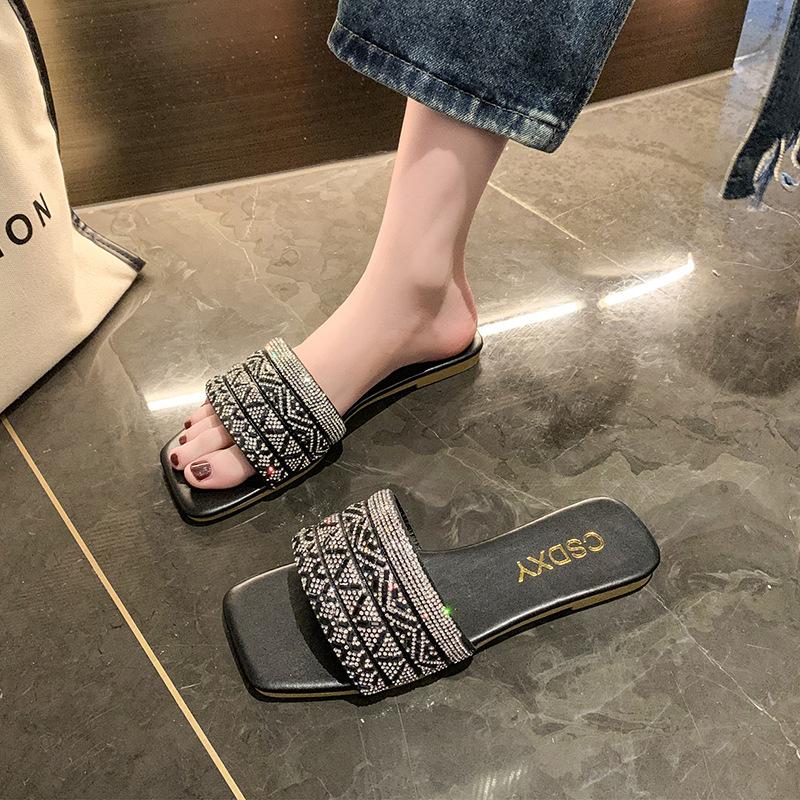 Slippers female summer wear new year's fairy wind pearl rhinestone sandals fashionable versatile flat bottom one-word