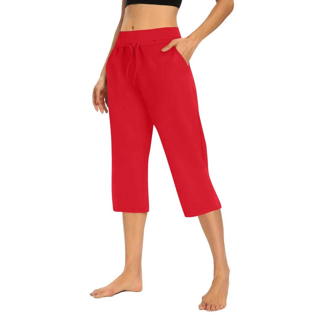 Women's Solid Color Casual Pants Elastic Waist High Waist Drawstring 3/4 Pants Athletic Casual Pants