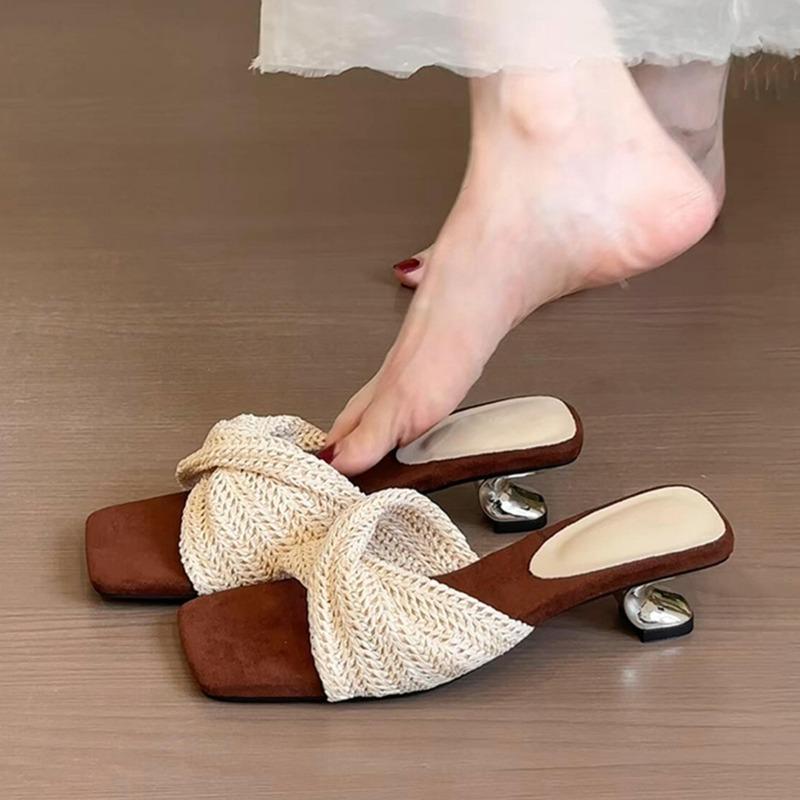 French casual style summer new French retro style square head woven one word with versatile open-toed slippers 35